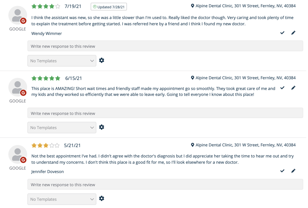The intuitive SR Reputation Engine platform showing three reviews