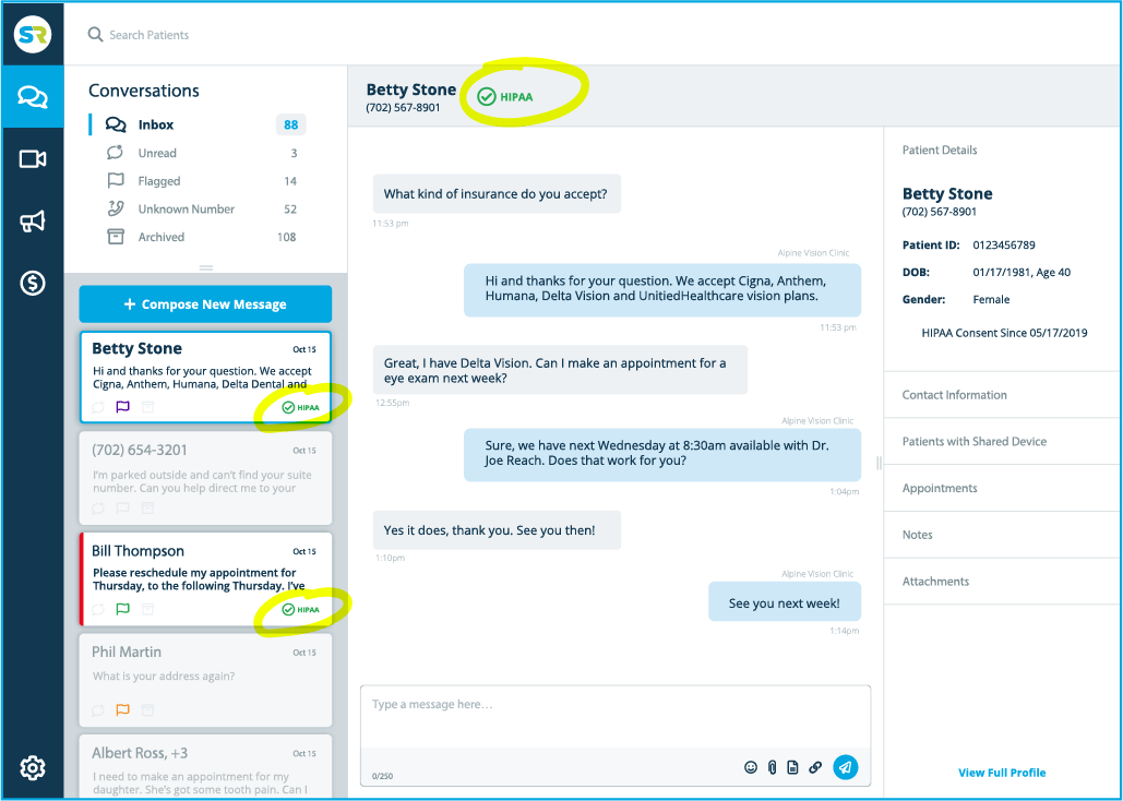 Screenshot of SR Conversations, our Patient Messaging Platform